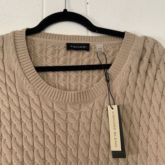 Tahari Mens XL Sweater Tan Brown Textured Cable Knit Viscose Blend Crew Neck NEW - Picture 2 of 6